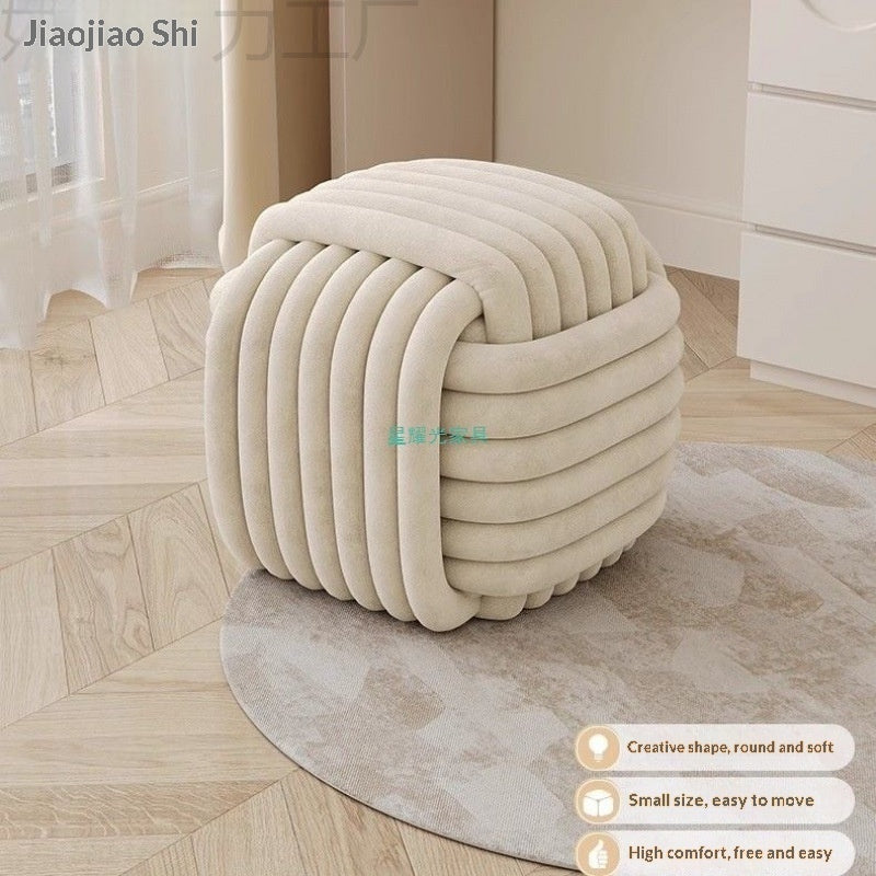 Creamy-style Chubby-shaped Woven Footstool For Dressing Makeup And Shoe-changing In Small-space Bedrooms