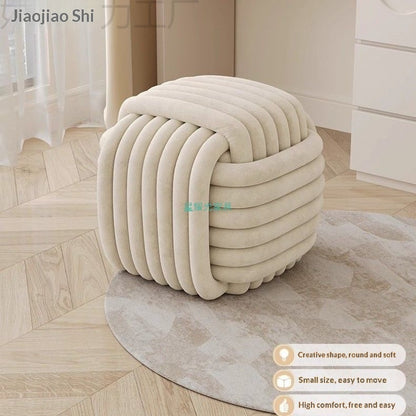 Creamy-style Chubby-shaped Woven Footstool For Dressing Makeup And Shoe-changing In Small-space Bedrooms