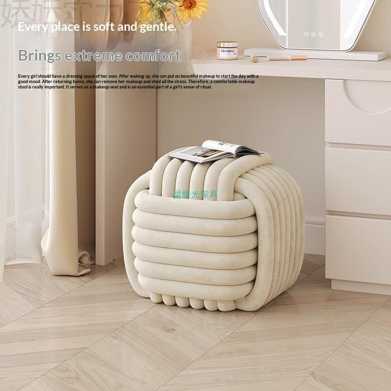 Creamy-style Chubby-shaped Woven Footstool For Dressing Makeup And Shoe-changing In Small-space Bedrooms